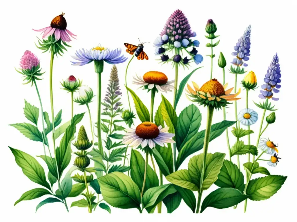Una hermosa ilustración acuarela de una variada selección de plantas medicinales en un exuberante jardín, con detalles vibrantes y texturas delicadas