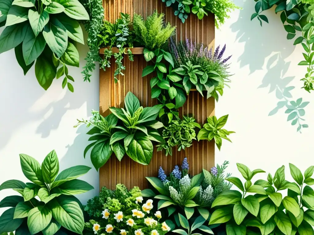 Una hermosa ilustración acuarela de un jardín vertical con cultivo de hierbas medicinales, lleno de vida y color