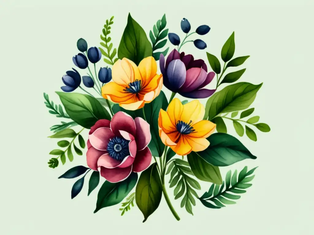 Una hermosa ilustración acuarela de un vibrante ramo de Flores de Bach para equilibrar emociones, con colores realistas y una atmósfera serena