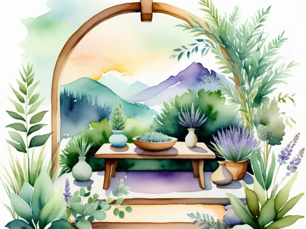 Un hermoso altar de meditación con elementos naturales como lavanda, salvia y eucalipto, crea un ambiente sereno y tranquilo para la meditación