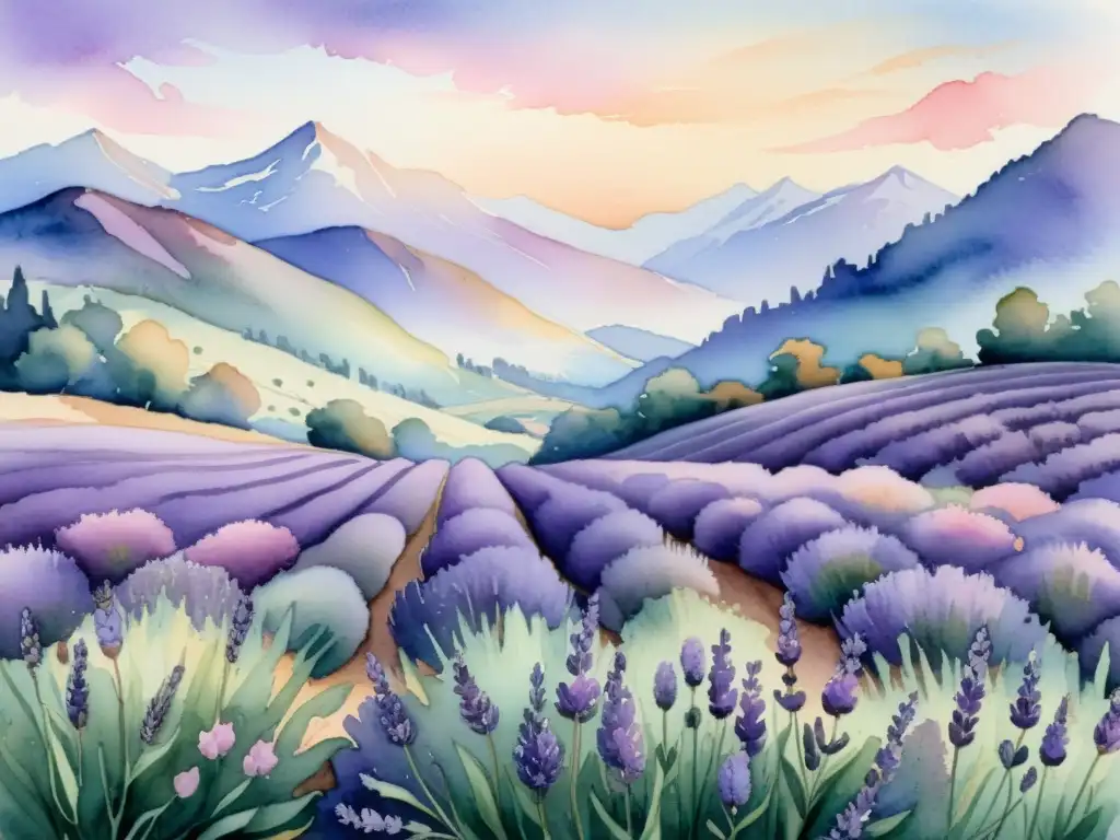 Un hermoso campo de lavanda al atardecer, invita a la calma y la serenidad, perfecto para aceites esenciales para estrés y ansiedad