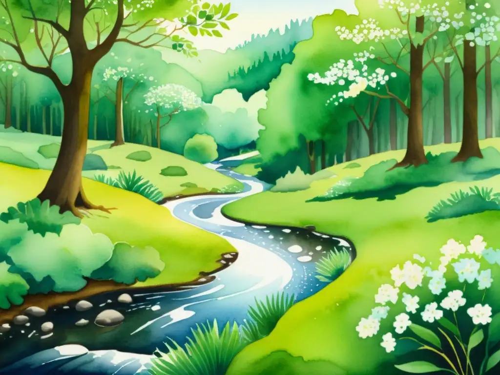 Ilustración acuarela: Bosque sereno con árbol de tila Un hermoso claro en el bosque con un tilo en flor, transmitiendo calma y conexión con la naturaleza