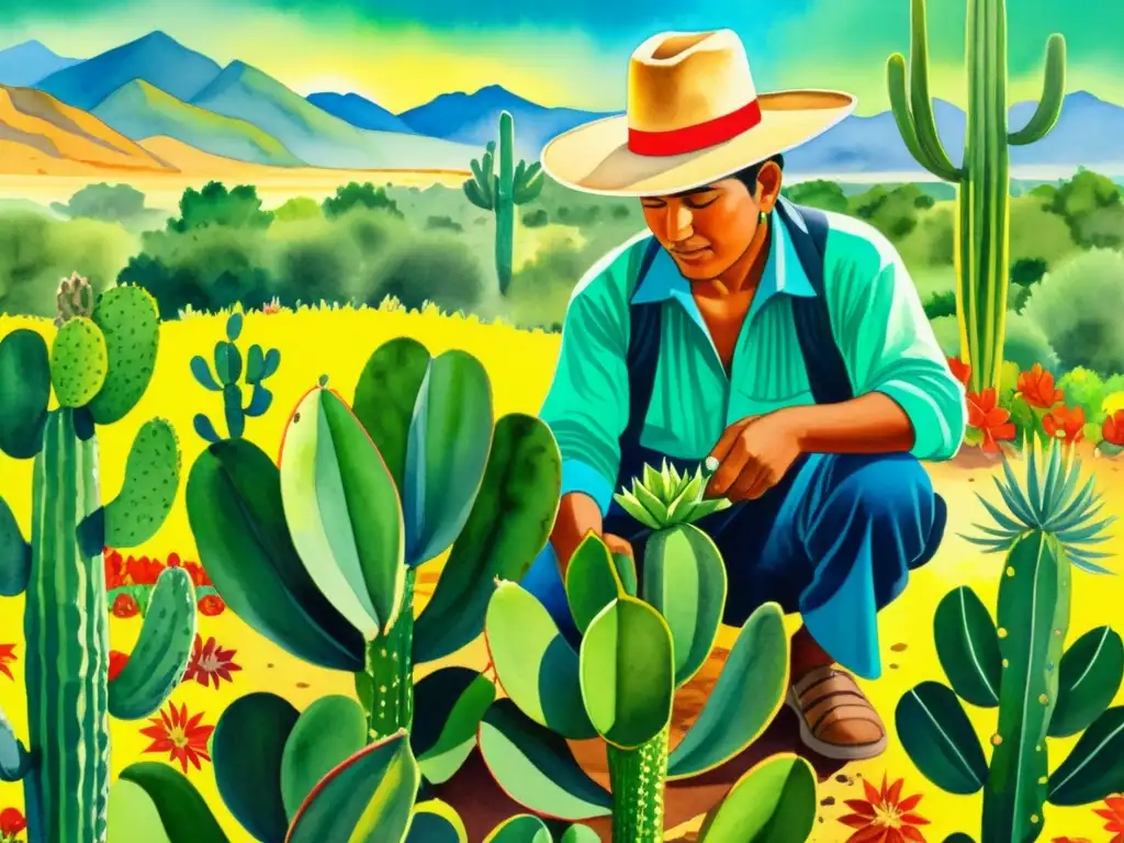 Un hermoso cuadro acuarela de un campesino Mexica cuidando un nopal, rodeado de plantas indígenas