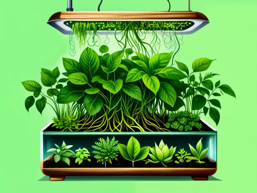 Un hermoso cuadro de acuarela muestra un cultivo hidropónico de plantas medicinales, sumergidas en agua nutriente