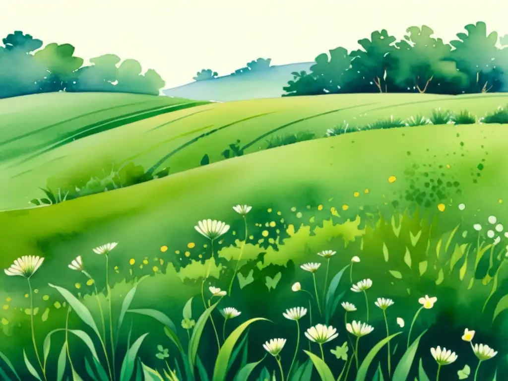 Un hermoso cuadro acuarela detallado de un campo verde vibrante con altas plantas de bardana meciéndose en la brisa