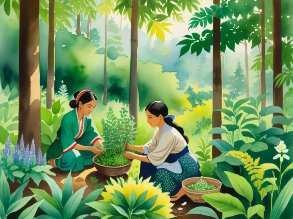 Mujeres sabias preparando hierbas medicinales en el bosque Un hermoso cuadro acuarela muestra a mujeres en la historia de la herbolaria, recolectando y preparando hierbas medicinales en un bosque exuberante