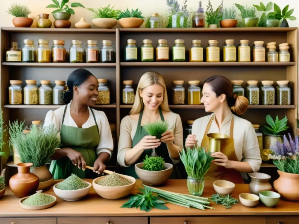 Mujeres herbolarias: pintura acuarela de tradición y conocimiento Un hermoso cuadro de acuarela que retrata mujeres en la historia de la herbolaria, mezclando pociones y cuidando plantas con amor