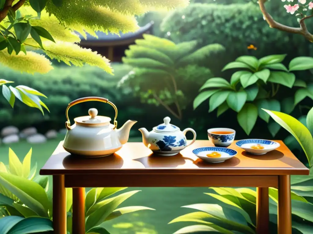 Tila Tea Ceremony: Acuarela Serena en Jardín Un hermoso cuadro detallado de una serena ceremonia de té de tila en un jardín tranquilo, rodeado de vegetación exuberante y flores de tila en flor