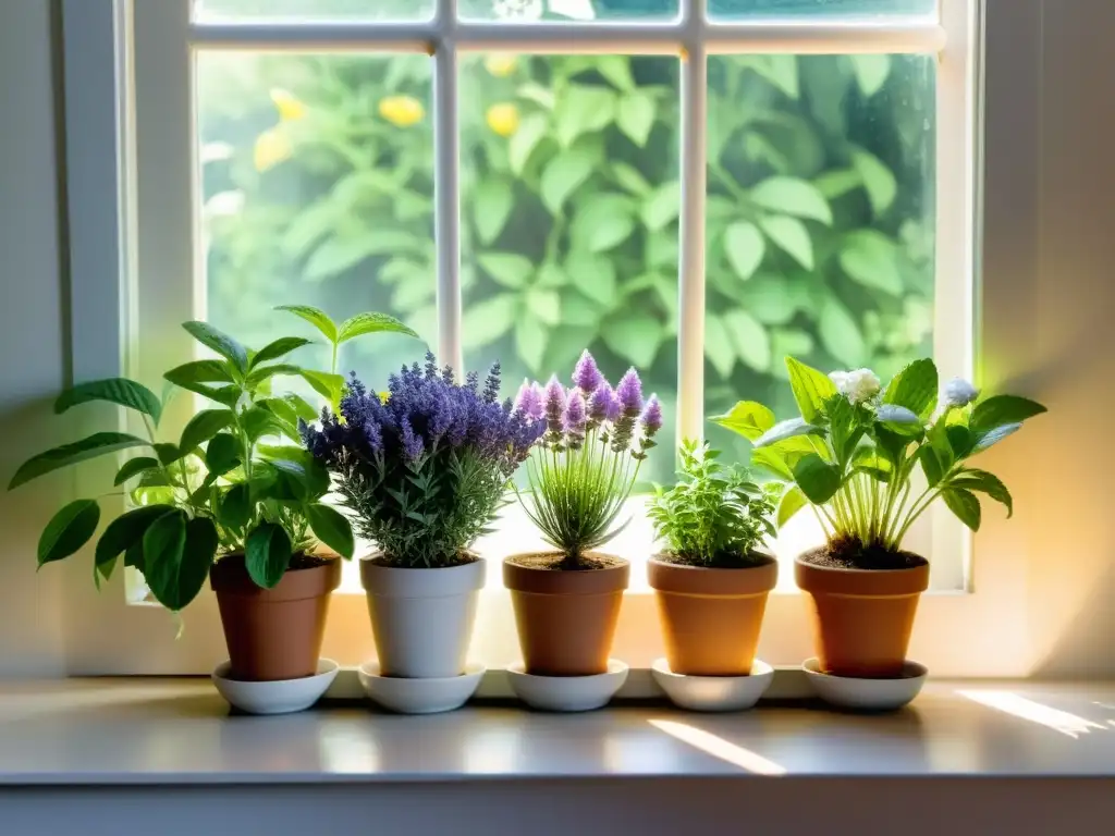 Un hermoso alféizar con cultivo de hierbas medicinales en casa, bañado por la luz del sol y una atmósfera tranquila y natural