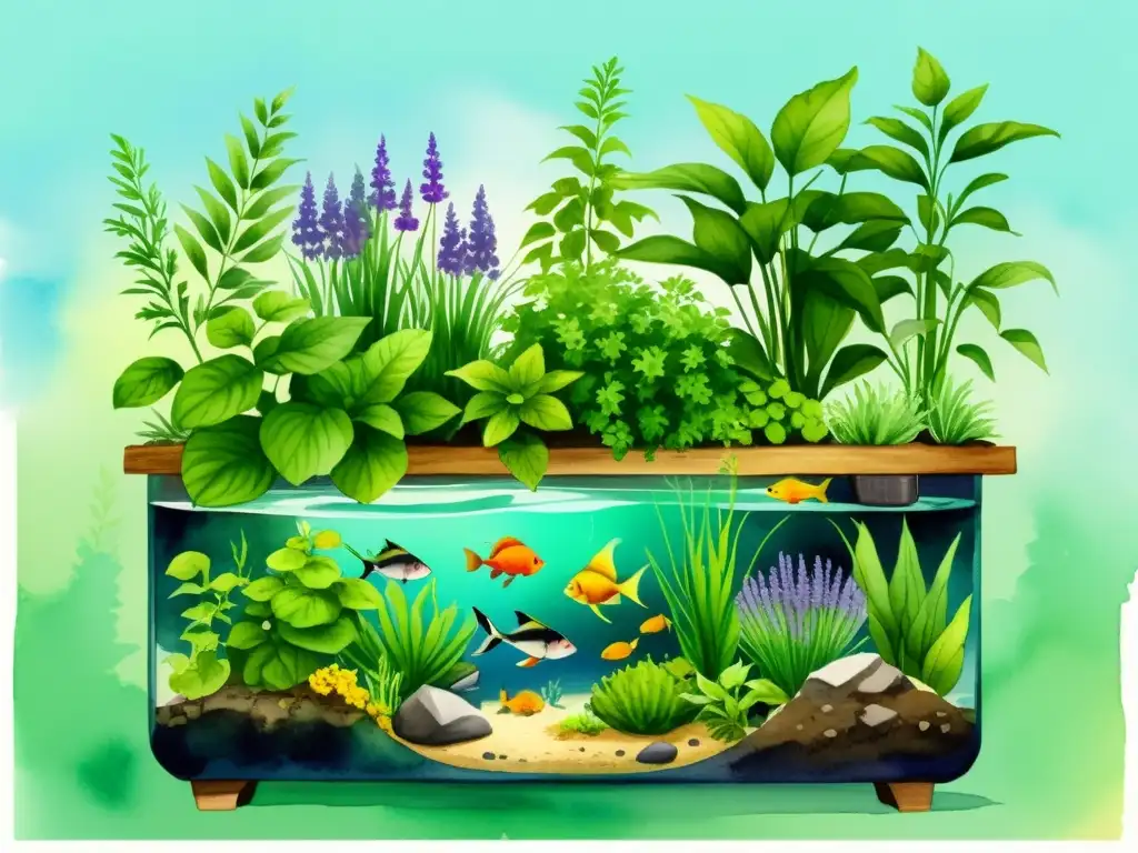 Un hermoso dibujo en acuarela muestra un próspero sistema de acuaponía con plantas verdes y peces coloridos