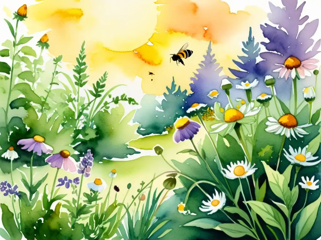 Un hermoso espacio de cultivo de plantas medicinales en un jardín exuberante con flores vibrantes, abejas y mariposas, bajo el cálido sol