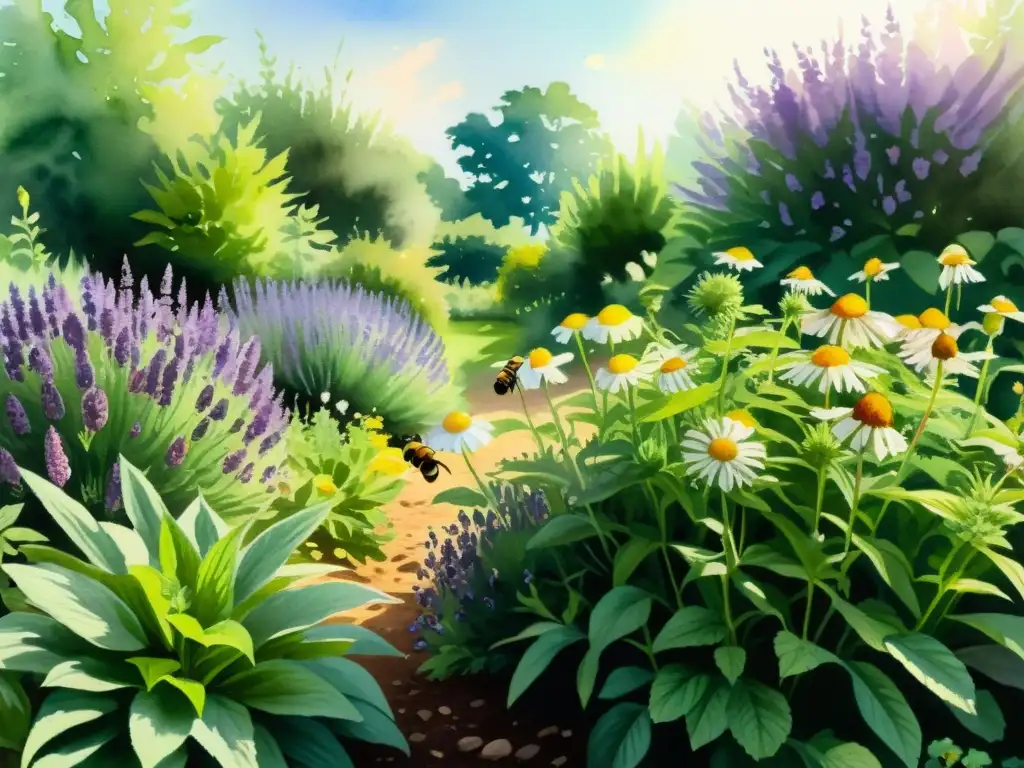 Un hermoso espacio de cultivo de plantas medicinales rebosante de vida, con lavanda, manzanilla, menta y equinácea