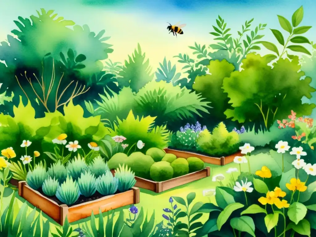 Un hermoso espacio de cultivo de plantas medicinales, vibrante y sereno, con detalle y vitalidad natural