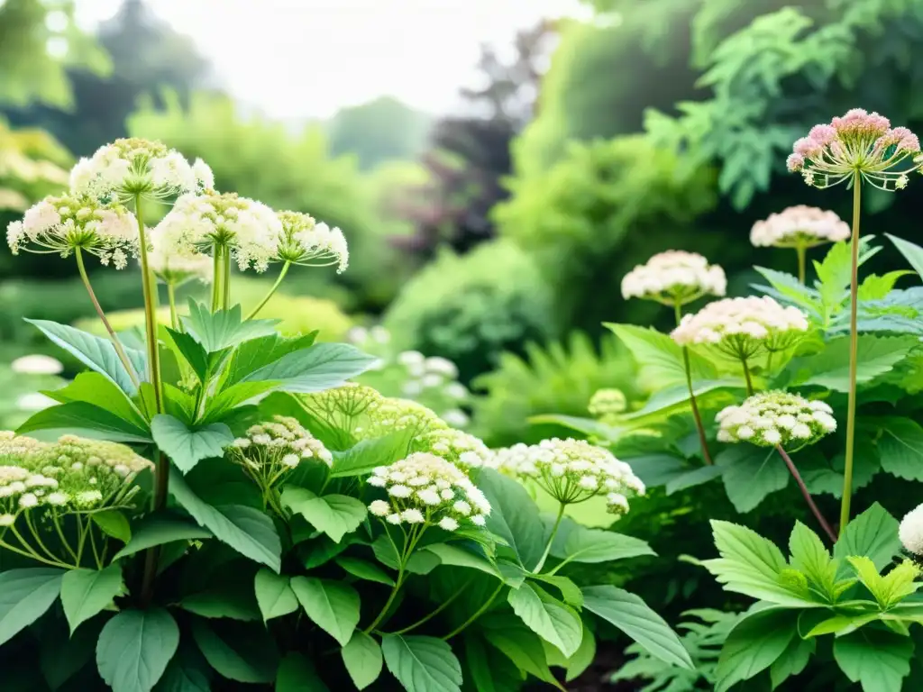 Un hermoso jardín de angélica sinensis con flores rosadas y blancas, bañado por la cálida luz del sol