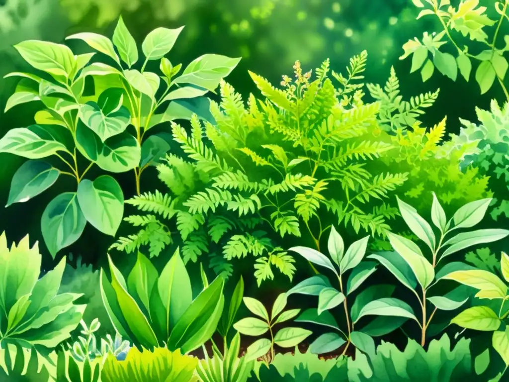 Jardín de hierbas medicinales: acuarela detallada Un hermoso jardín de hierbas ilustrado en acuarela, con plantas medicinales y beneficios tisanas terapéuticas, bañado por la luz del sol