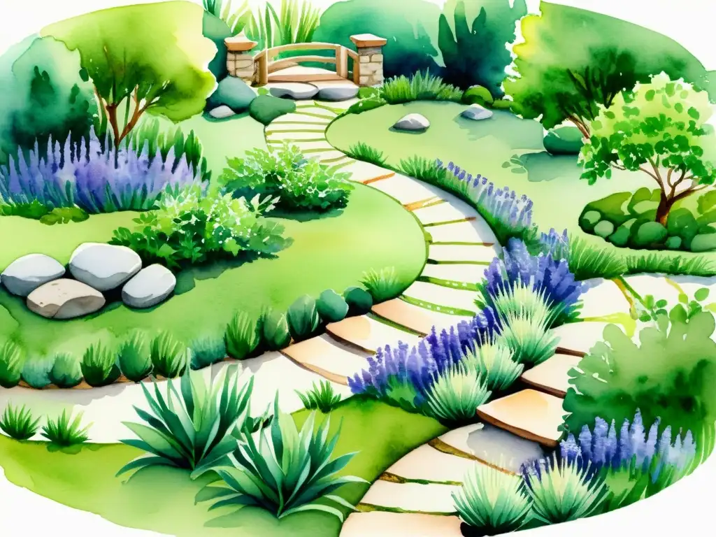 Jardín de hierbas en acuarela: armonía y tranquilidad Un hermoso jardín de hierbas con Feng Shui, lleno de serenidad y belleza, con senderos sinuosos y plantas aromáticas
