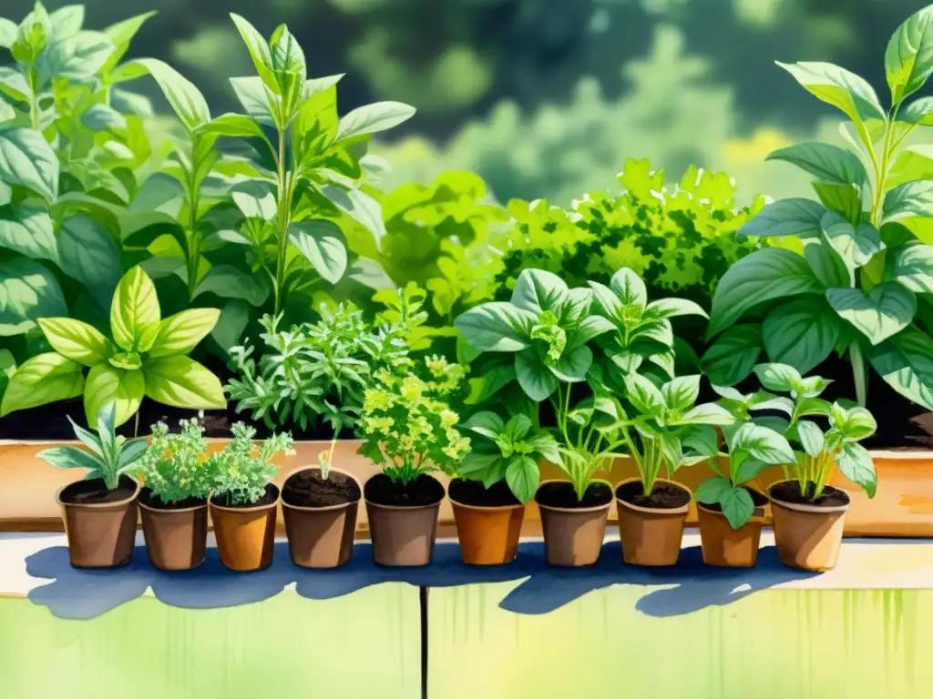 Un hermoso jardín de hierbas lleno de vida y color, con plantas de albahaca, perejil, tomillo y otras hierbas creciendo en filas ordenadas