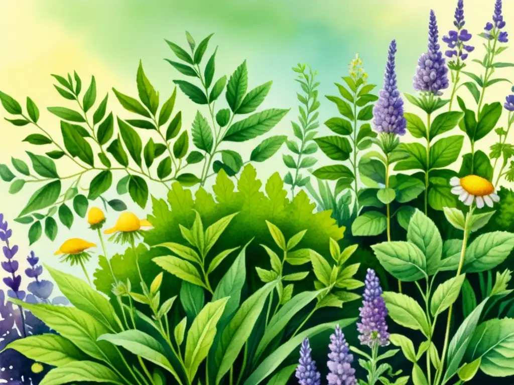 Jardín de hierbas medicinales en acuarela Un hermoso jardín de hierbas medicinales en acuarela, con lavanda, manzanilla, menta y melisa