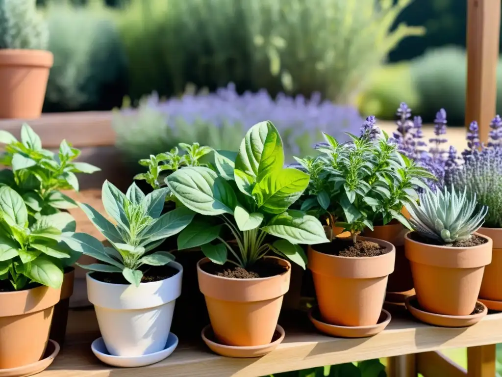 Un hermoso jardín de hierbas medicinales en casa, con basil, lavanda y romero en macetas de terracota, bañado por la luz solar