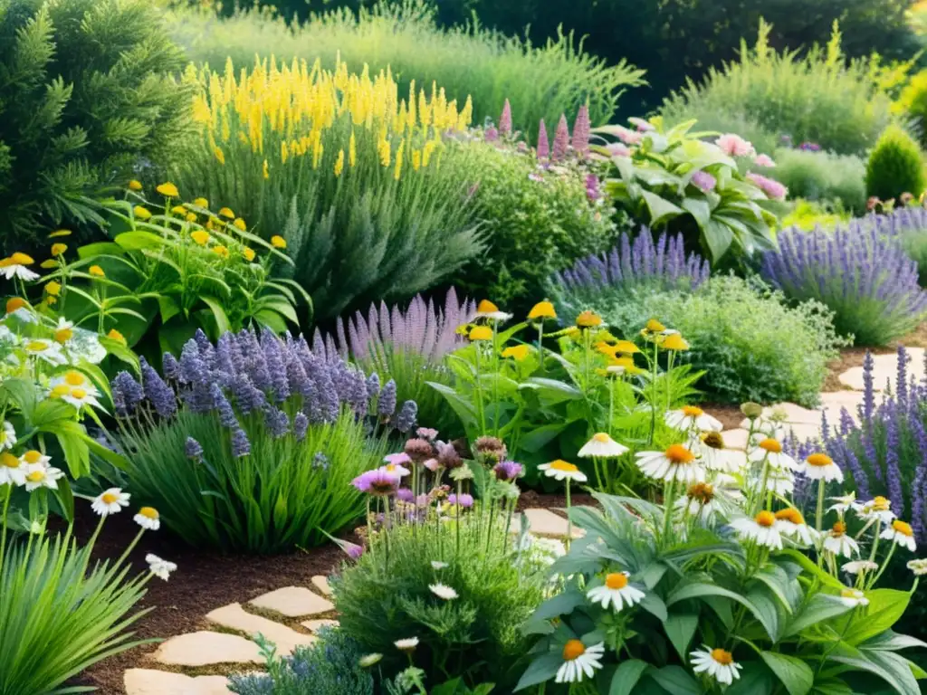 Un hermoso jardín de hierbas medicinales integradas en un paisaje vibrante y tranquilo