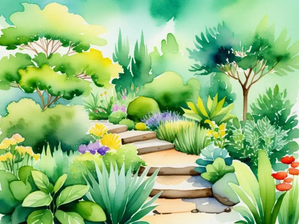 Jardín de hierbas equilibrado con Feng Shui Un hermoso jardín de hierbas con Feng Shui, con plantas aromáticas y elementos de agua, rodeado de naturaleza armoniosa