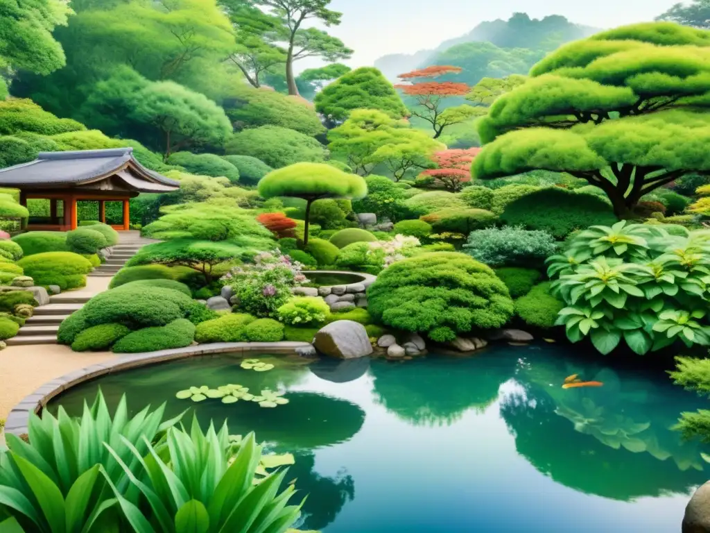 Un hermoso jardín japonés con plantas medicinales en Japón