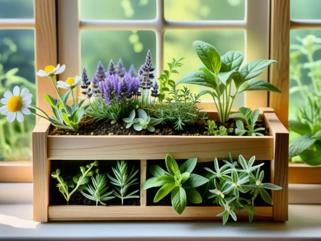 Un hermoso jardín medicinal casero en acuarela con lavanda, manzanilla, menta y romero en una soleada ventana