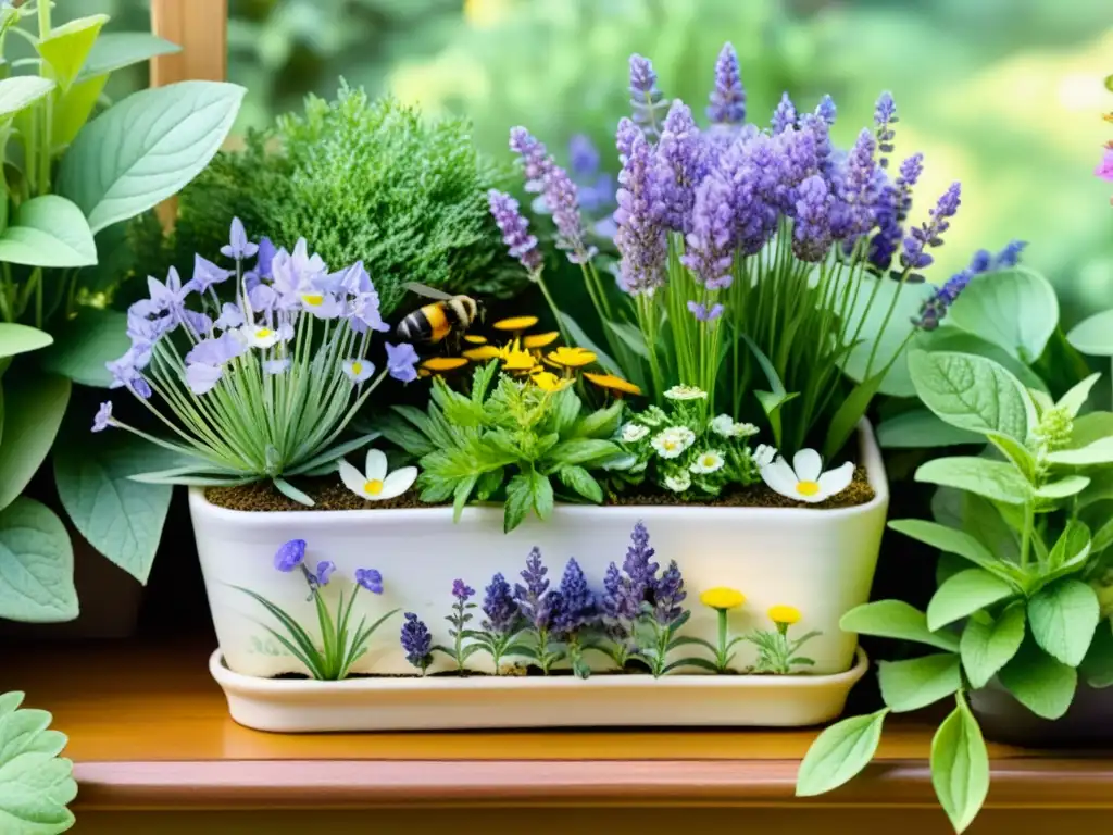 Un hermoso mini jardín medicinal en el hogar, rebosante de vida y coloridas plantas como lavanda, manzanilla y menta