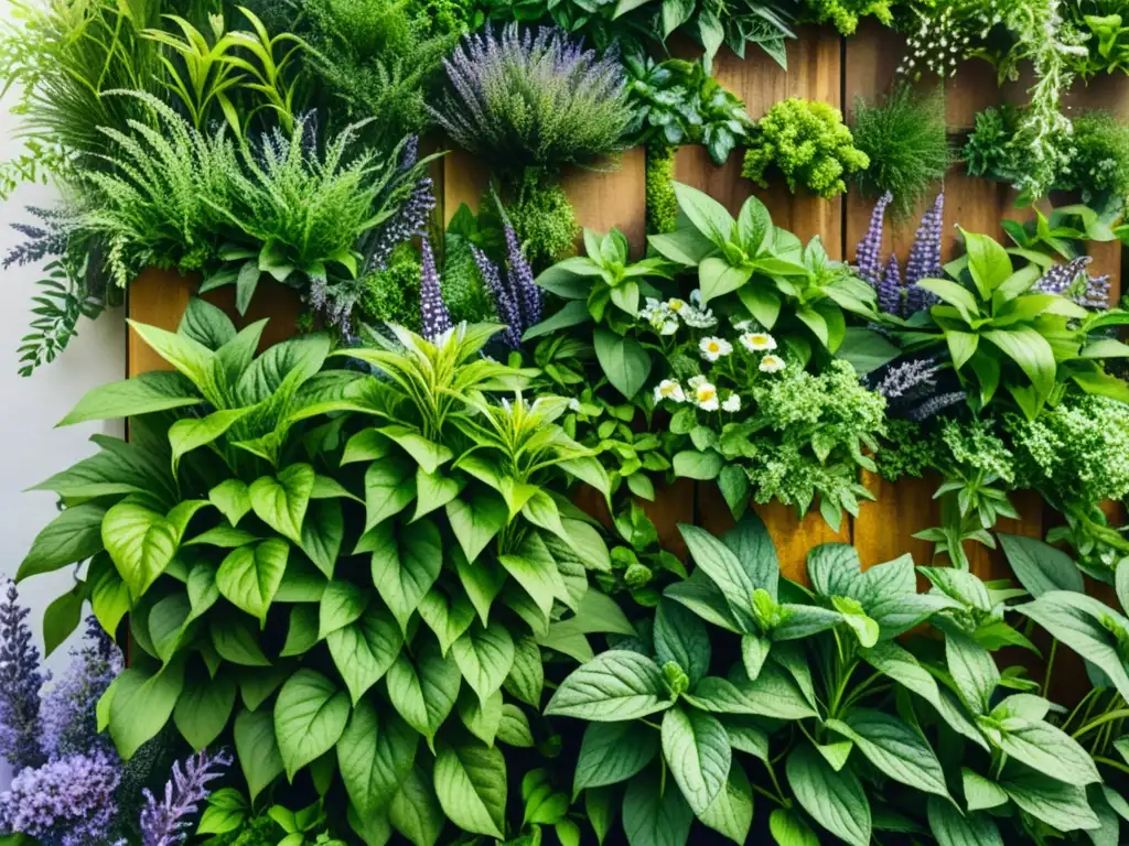 Un hermoso mural de plantas medicinales en un muro vivo, con una variedad de tonos verdes vibrantes y detalles intrincados