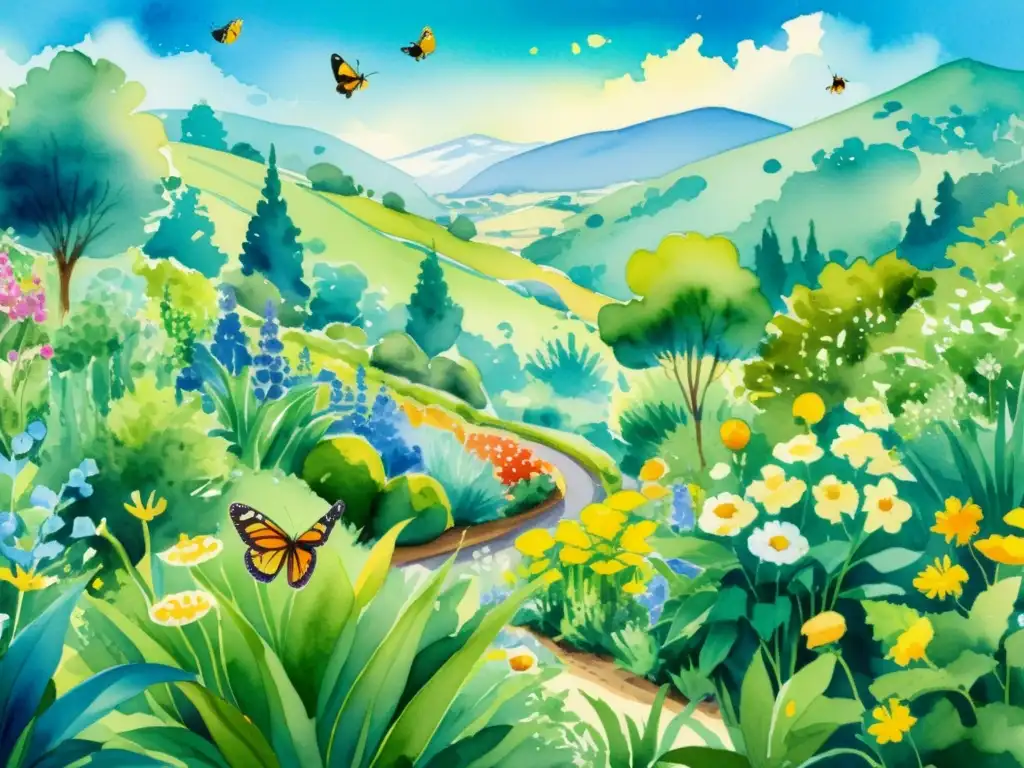 Un hermoso jardín orgánico rebosante de vida y color, donde las plantas medicinales florecen mientras las mariposas revolotean y las abejas trabajan