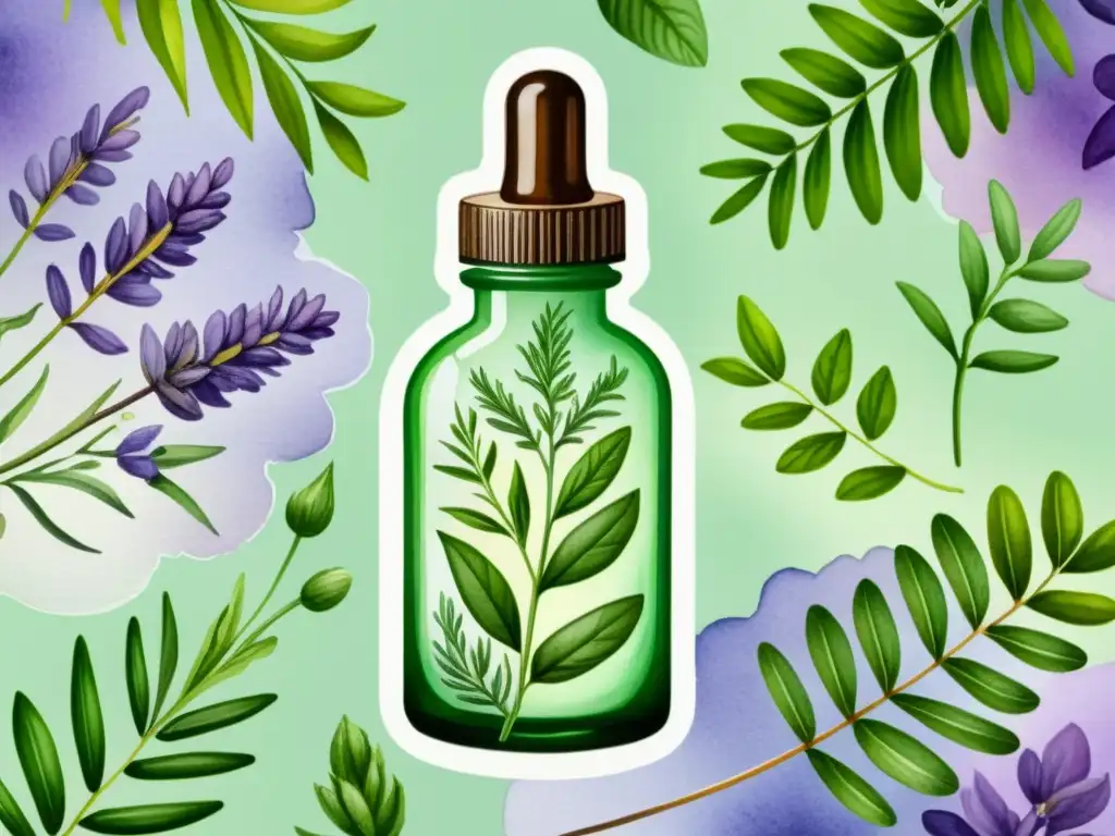 Serum antioxidante de hierbas: ilustración acuarela Un hermoso patrón de hierbas frescas y botánicos rodea un frasco de suero antioxidante herbal para el rostro