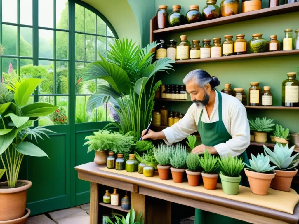 Un hermoso jardín botánico con plantas exóticas y un herbolario antiguo, detallado en acuarela