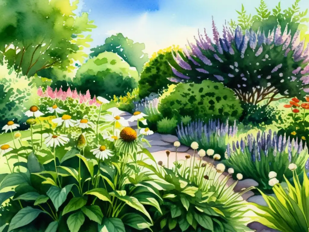 Un hermoso jardín con plantas medicinales, colores vibrantes, abejas y mariposas