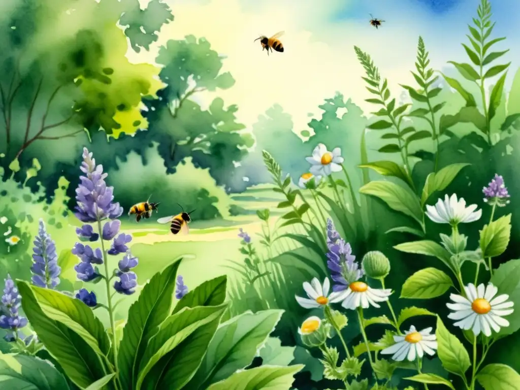 Jardín de plantas medicinales: ilustración en acuarela Un hermoso jardín de plantas medicinales con detalles vibrantes y una atmósfera serena