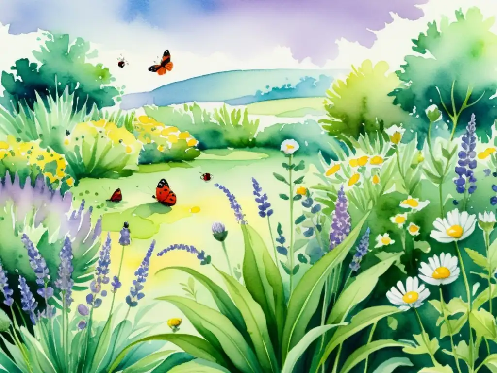 Un hermoso jardín de plantas medicinales con vida abundante y una persona cuidándolas