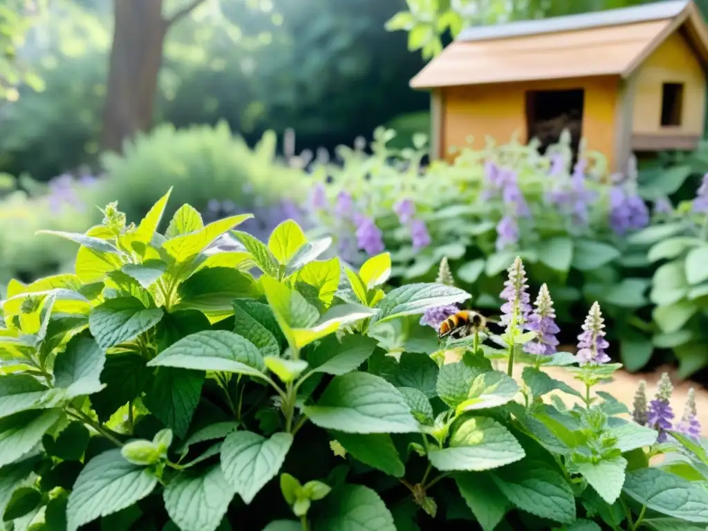 Un hermoso jardín repleto de plantas de melisa con flores púrpuras, atrayendo abejas con beneficios medicinales de la melisa