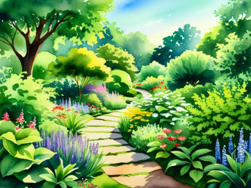 Sendero Terapéutico: Jardín Medicinal Un hermoso sendero terapéutico en un jardín medicinal, lleno de plantas y flores vibrantes, bañado por la luz del sol y la tranquilidad del agua