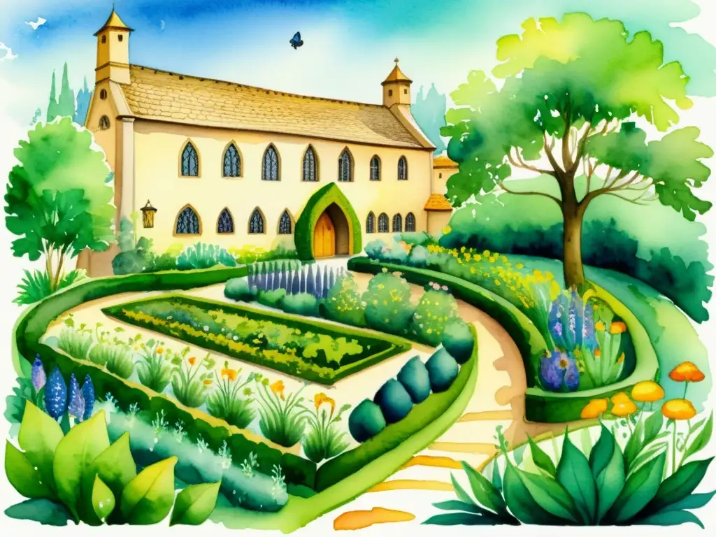 Un hermoso jardín medieval monástico con una variedad de hierbas y plantas, cuidadosamente ilustrado en acuarela