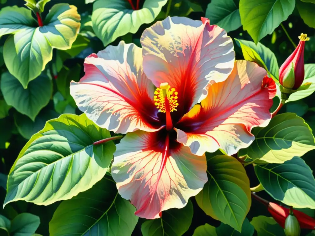 Un hibisco floreciente en acuarela, con pétalos rojos y rosados vibrantes, rodeado de exuberantes hojas verdes