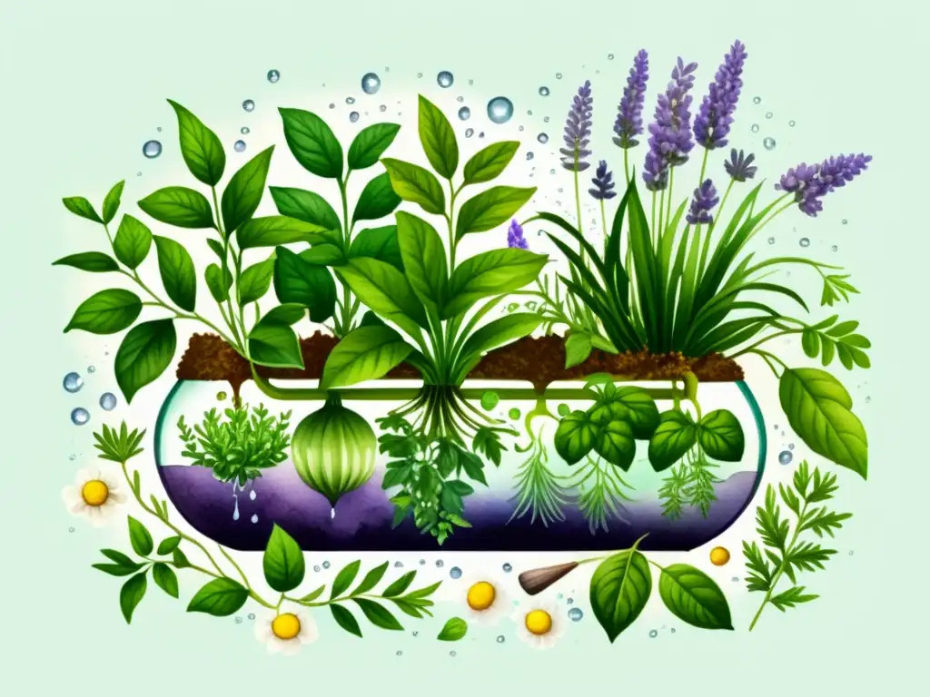 Un jardín hidropónico exuberante y vibrante con plantas medicinales como lavanda, menta y manzanilla, bañado por cálido sol