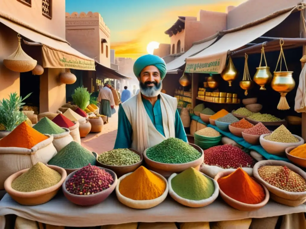 Hierbalistas en mercado del Medio Oriente creando cosmética natural con hierbas y especias, iluminados por el cálido atardecer