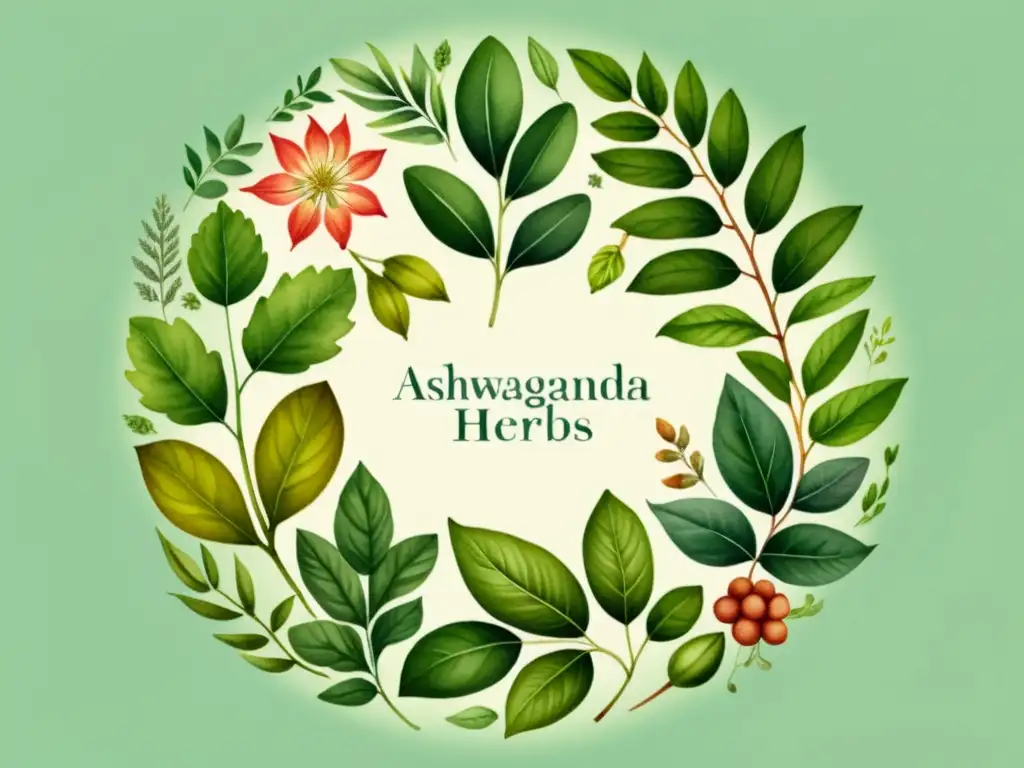 Una ilustración acuarela de hierbas adaptógenas como ashwagandha, albahaca santa y rodio, dispuestas en un patrón circular con detalles delicados