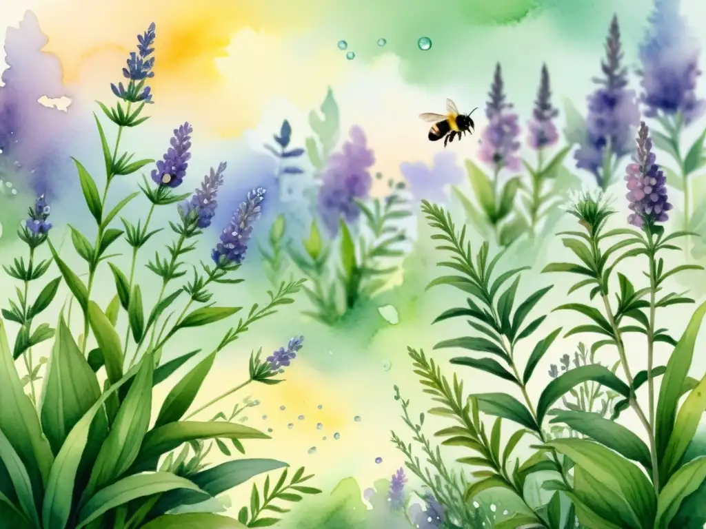 Aromaterapia con hierbas para ambiente sereno: ilustración acuarela de jardín tranquilo con lavanda, romero, menta y manzanilla bajo el cálido sol, abejas y mariposas