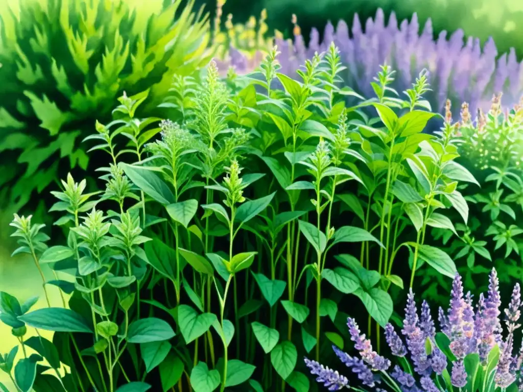 Jardín de hierbas exuberante con hierbabuena y lavanda en flor, evocando beneficios para la salud digestiva y respiratoria