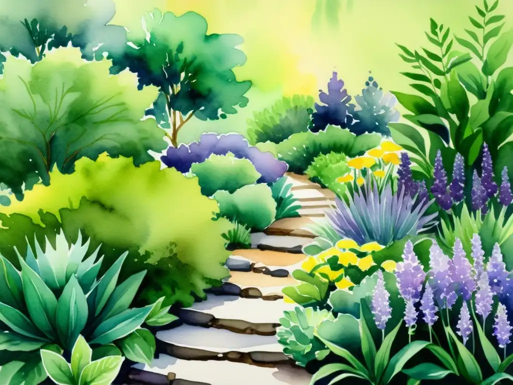 Jardín de hierbas armonioso en acuarela Feng Shui Jardín de hierbas con Feng Shui: pintura acuarela de un hermoso jardín, con senderos, agua, rocas y hierbas aromáticas en tonos vibrantes