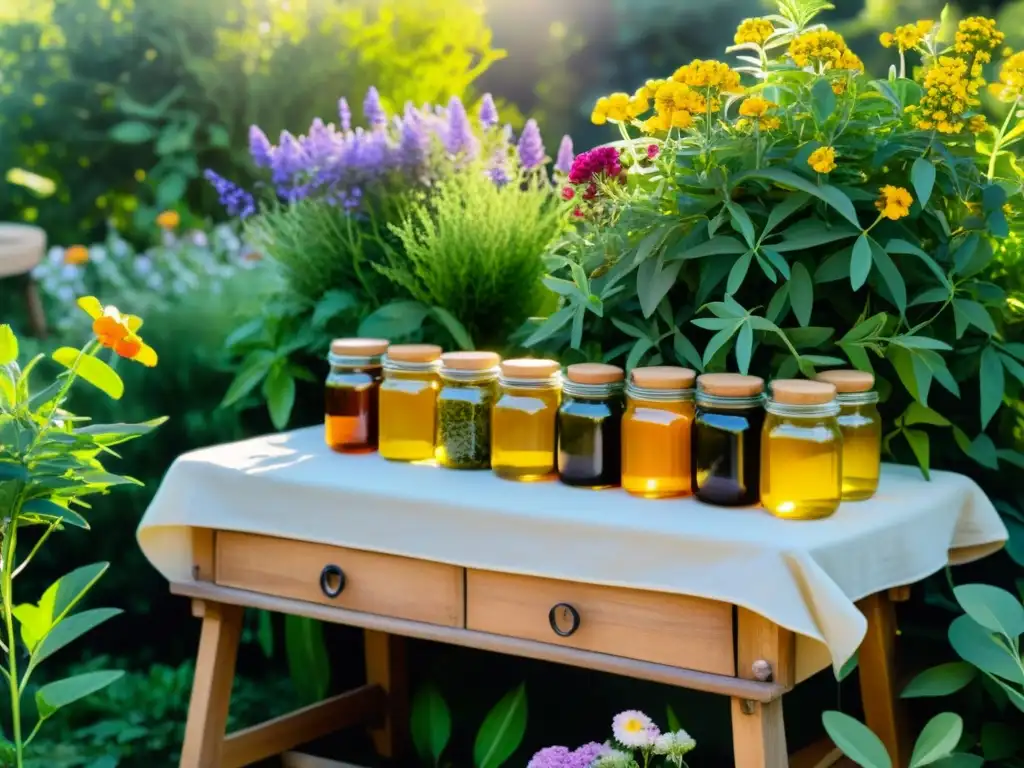 Jardín de hierbas con jarabes naturales para salud respiratoria en mesa rústica y luz cálida