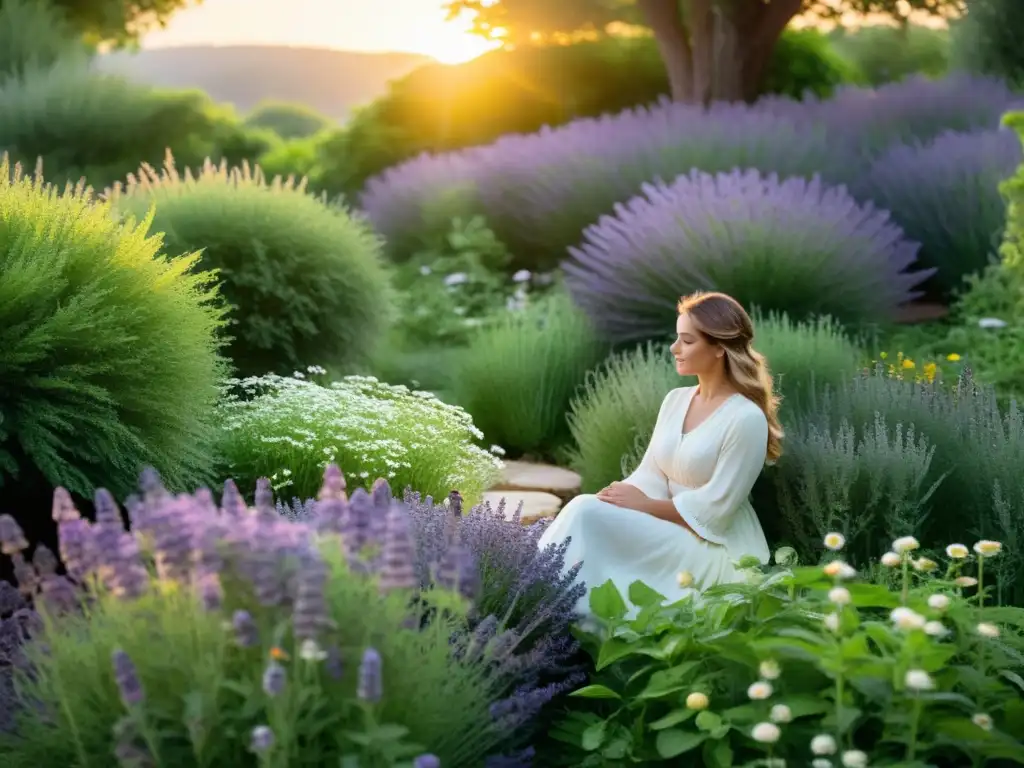 Jardín de hierbas medicinales al atardecer, creando un oasis de tranquilidad