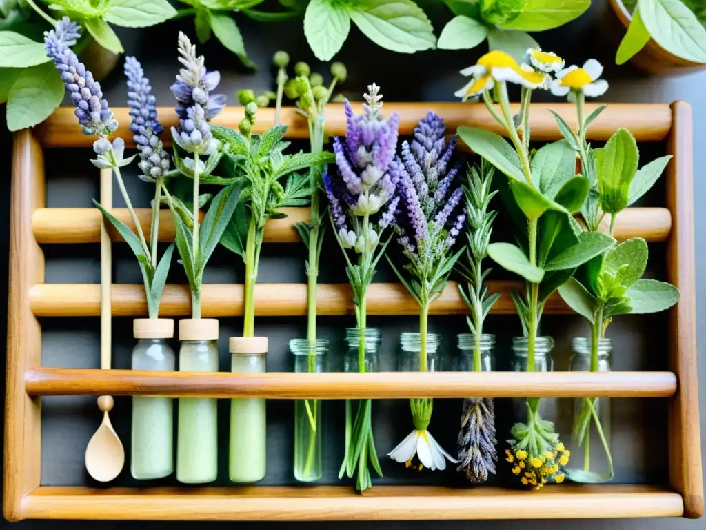 Una ilustración acuarela de hierbas medicinales como lavanda, manzanilla y menta en un secador de madera