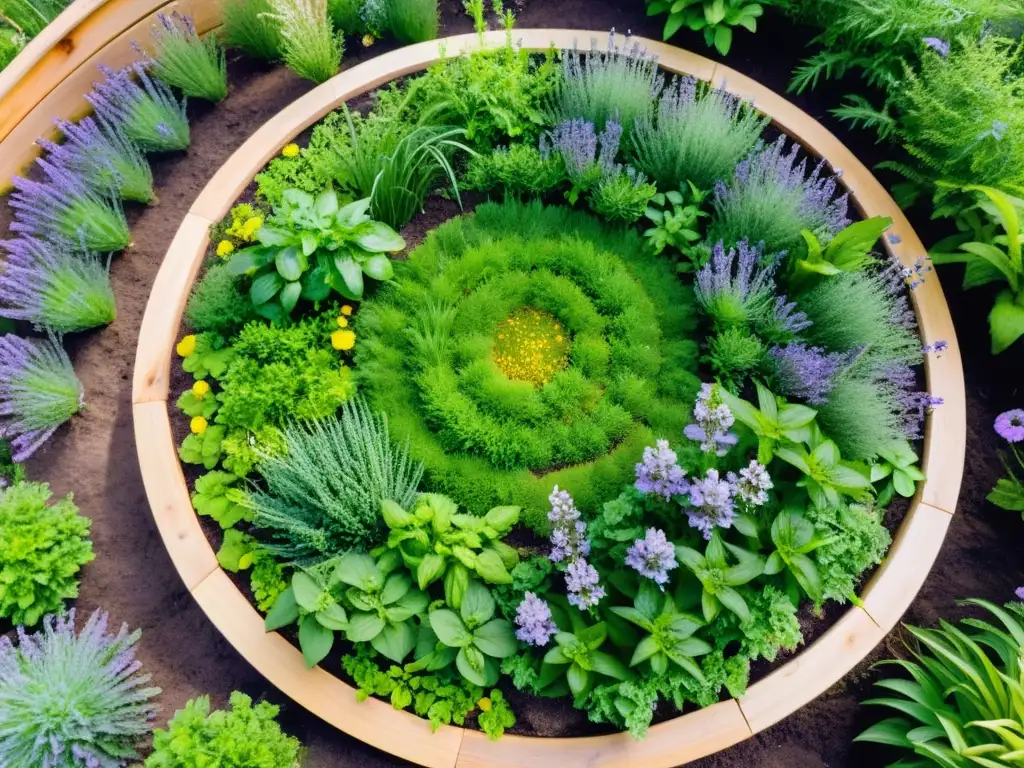 Jardín de hierbas medicinales en permacultura, vibrante y armonioso