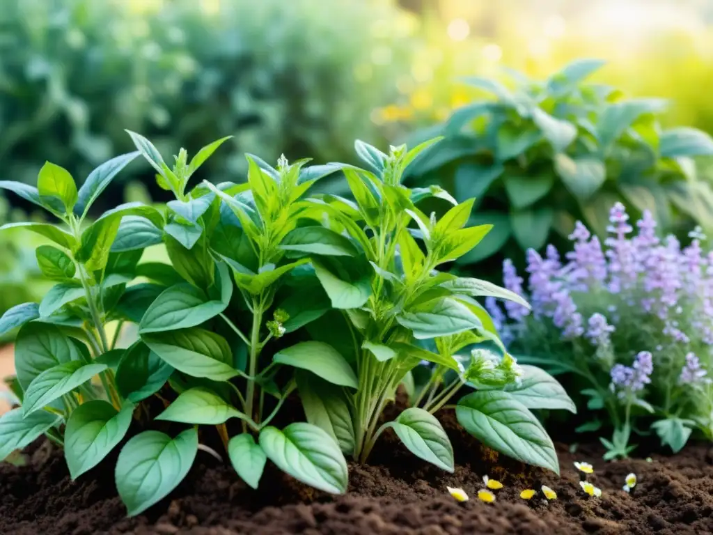 Jardín de hierbas vibrantes en acuarela, resalta los beneficios del compost en cultivo orgánico